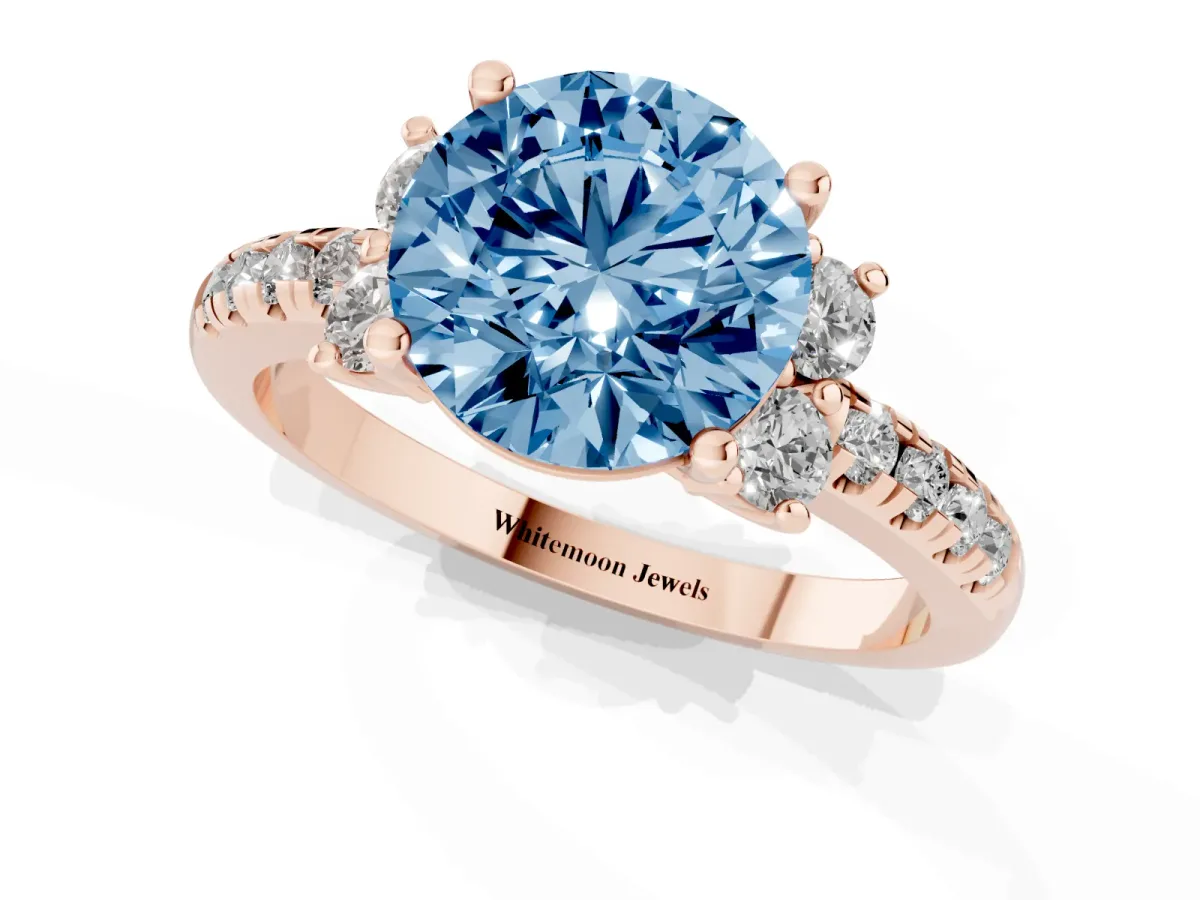Fancy Blue Round Cut Diamond Three-Stone Pave Band with Four-Prong Setting Rose gold