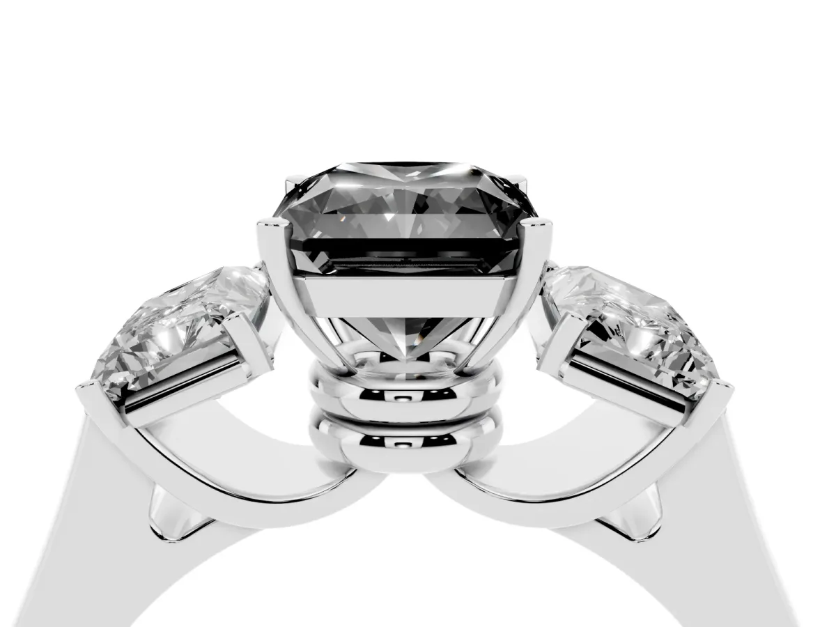 Fancy Black Three-Stone Radiant Cut Brilliant Diamond Trellis Ring with Comfort Fit Band Platinum