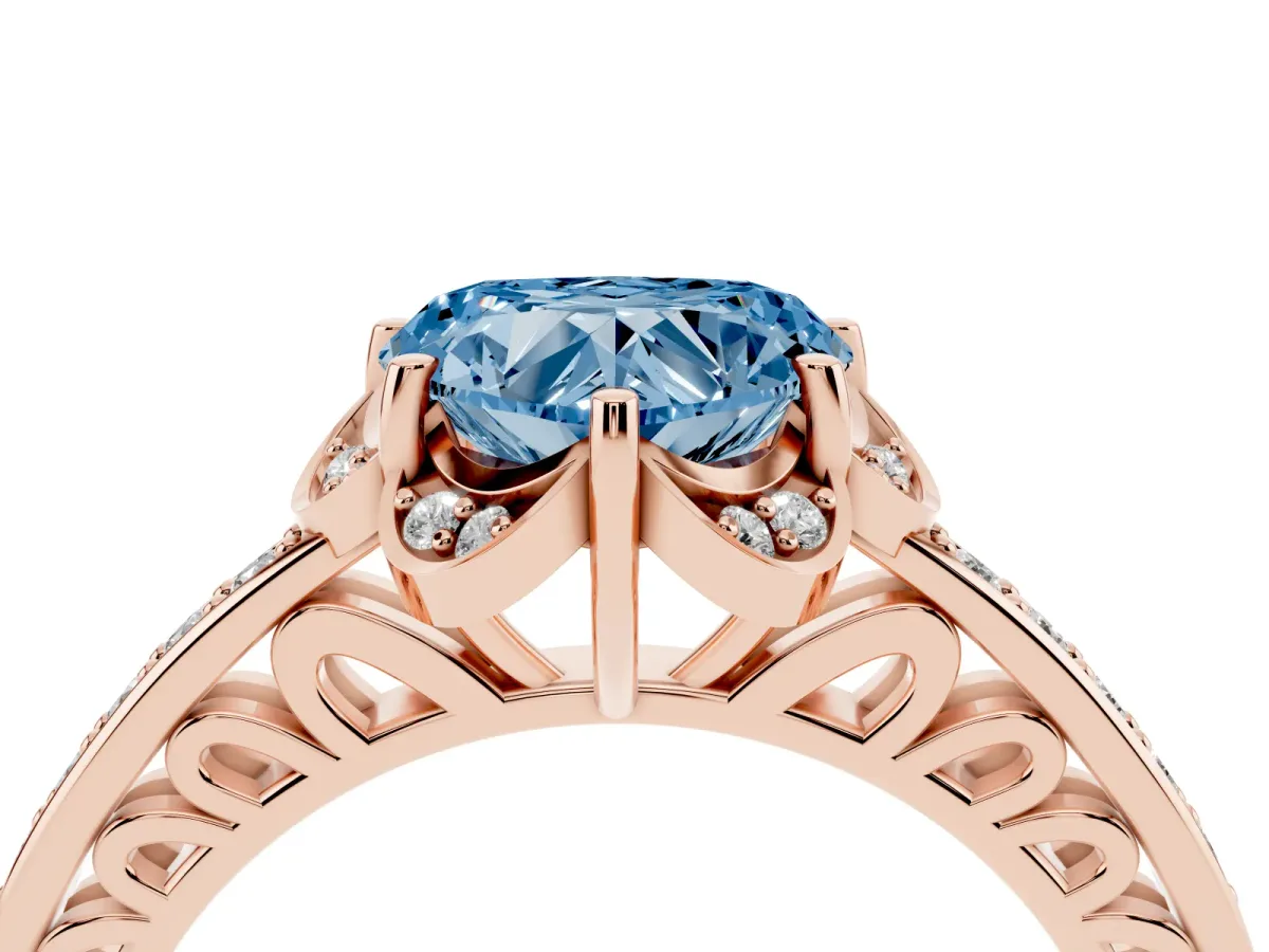 Fancy Blue Heart Cut Cut Halo Diamond Ring with Channel Set Band and Four-Prong Setting Rose gold