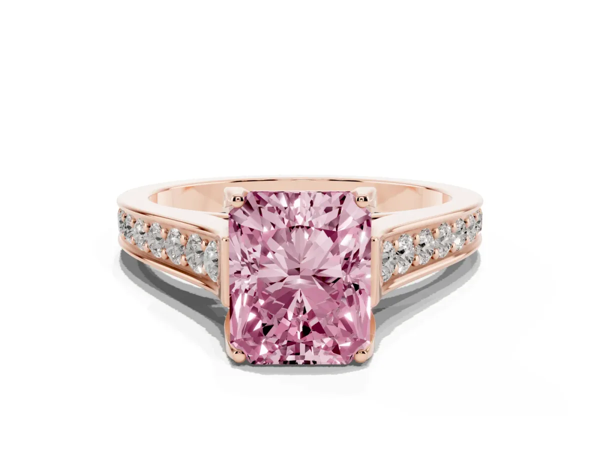 Fancy Pink Radiant Cut Brilliant Cut Diamond Engagement Ring with Pavé Band and Four-Prong Setting Rose gold