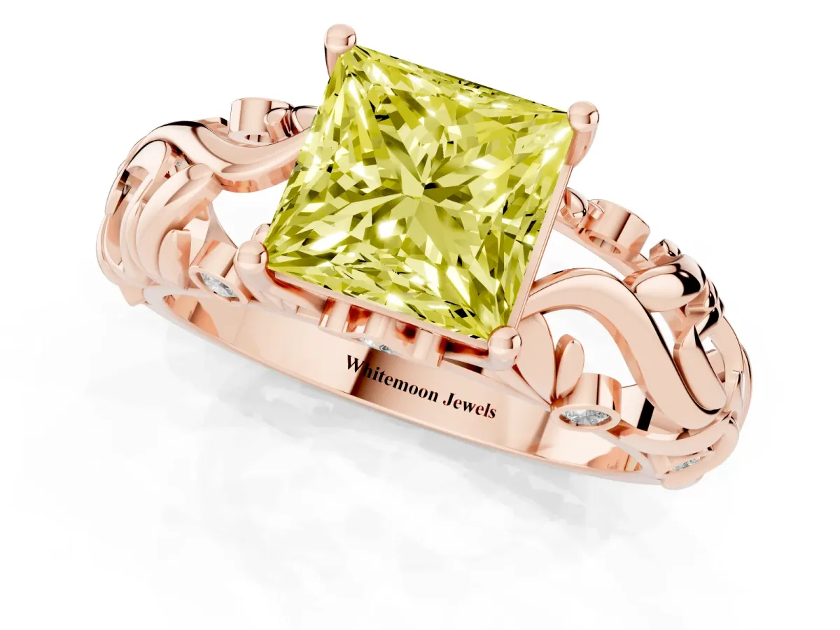 Fancy Yellow Princess Cut Solitaire Diamond Leaf-Inspired Vine Band Ring with Prong Setting Rose gold