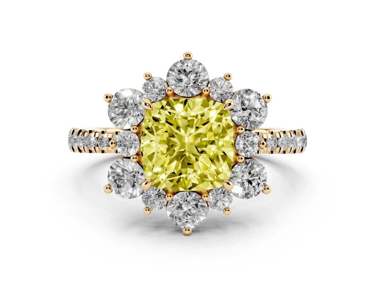 Fancy Yellow Cushion Cut Diamond Floral Halo Ring with Round Pavé Band and Prong Setting Yellow gold