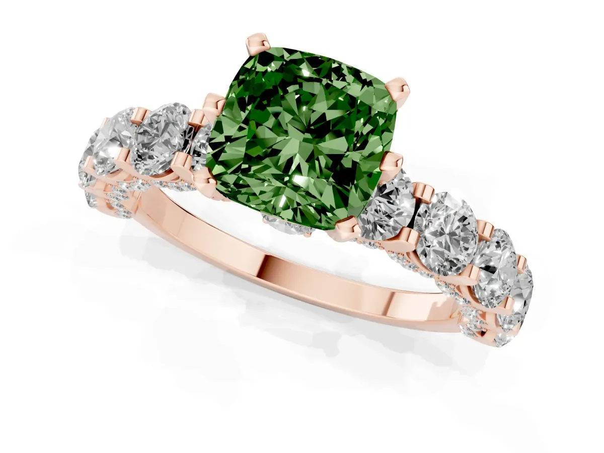 Fancy Green Cushion Cut Diamond Side Stone Engagement Ring with Four-Prong Setting Rose gold
