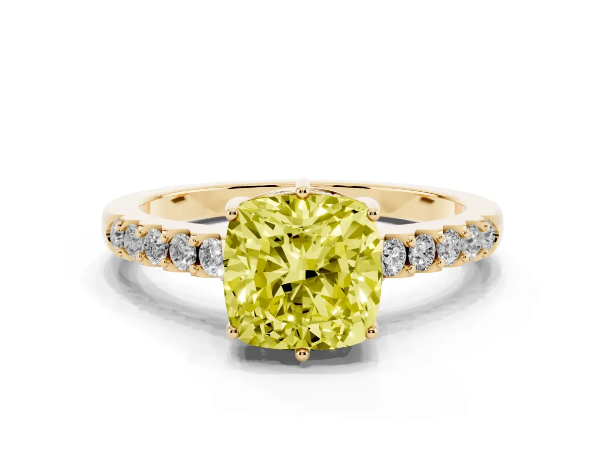 Fancy Yellow Cushion Cut Solitaire Diamond Engagement Ring with Pavé Band and Six-Prong Setting Yellow gold