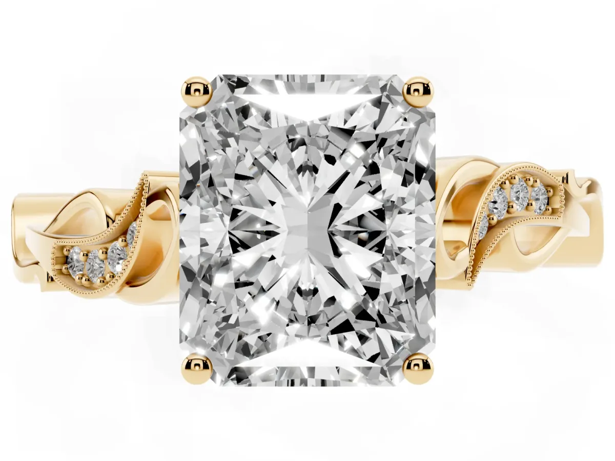 Radiant Cut Solitaire Vine Band with Milgrain Prong Setting Yellow gold
