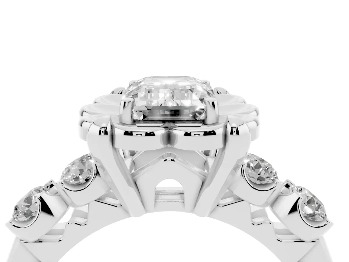 Emerald Cut Cut Diamond Floral Halo Engagement Ring with Shared Prong Setting Platinum