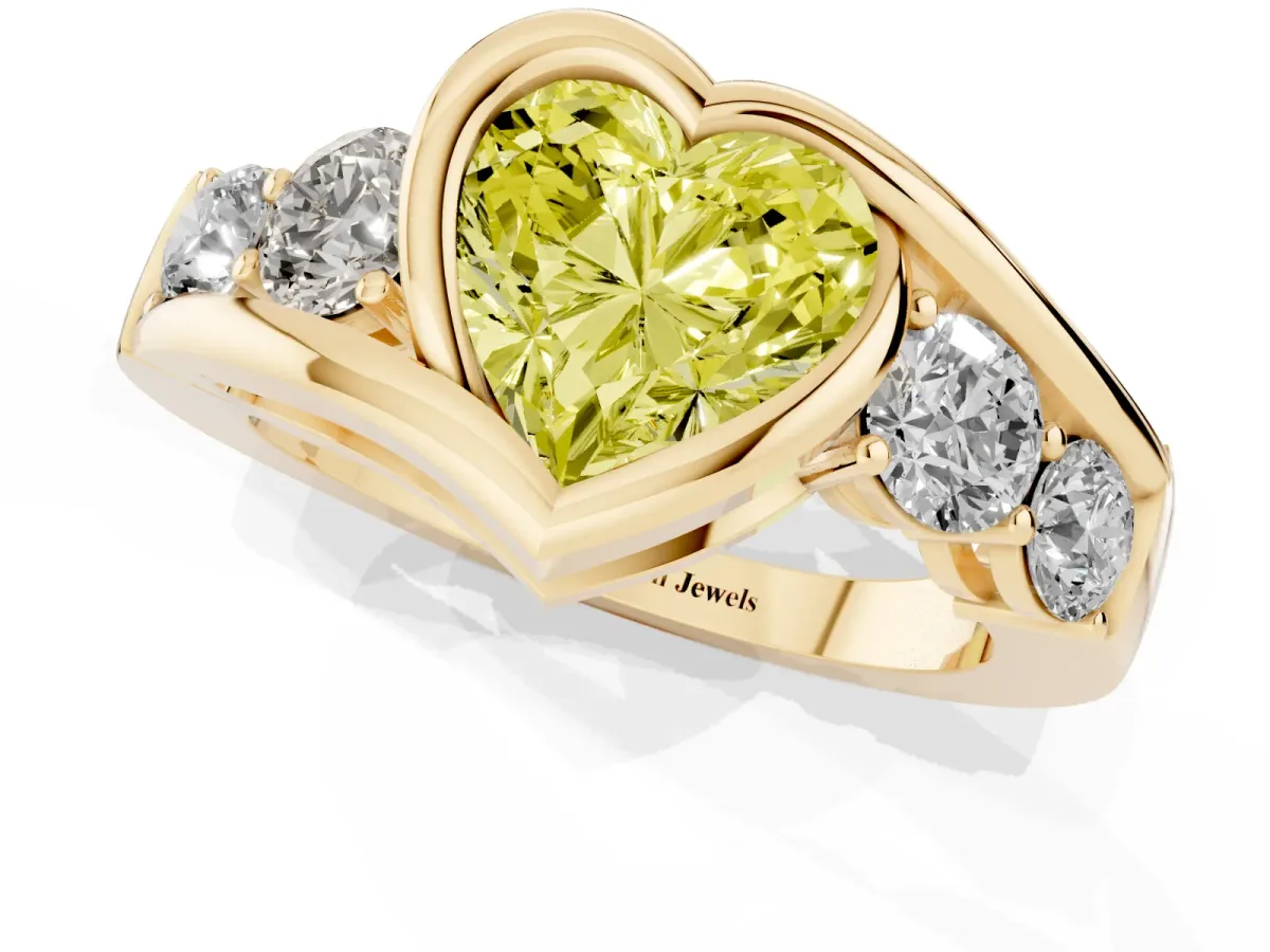 Fancy Yellow Bezel Set Heart Cut Diamond Bypass Ring with Round Accents Yellow gold