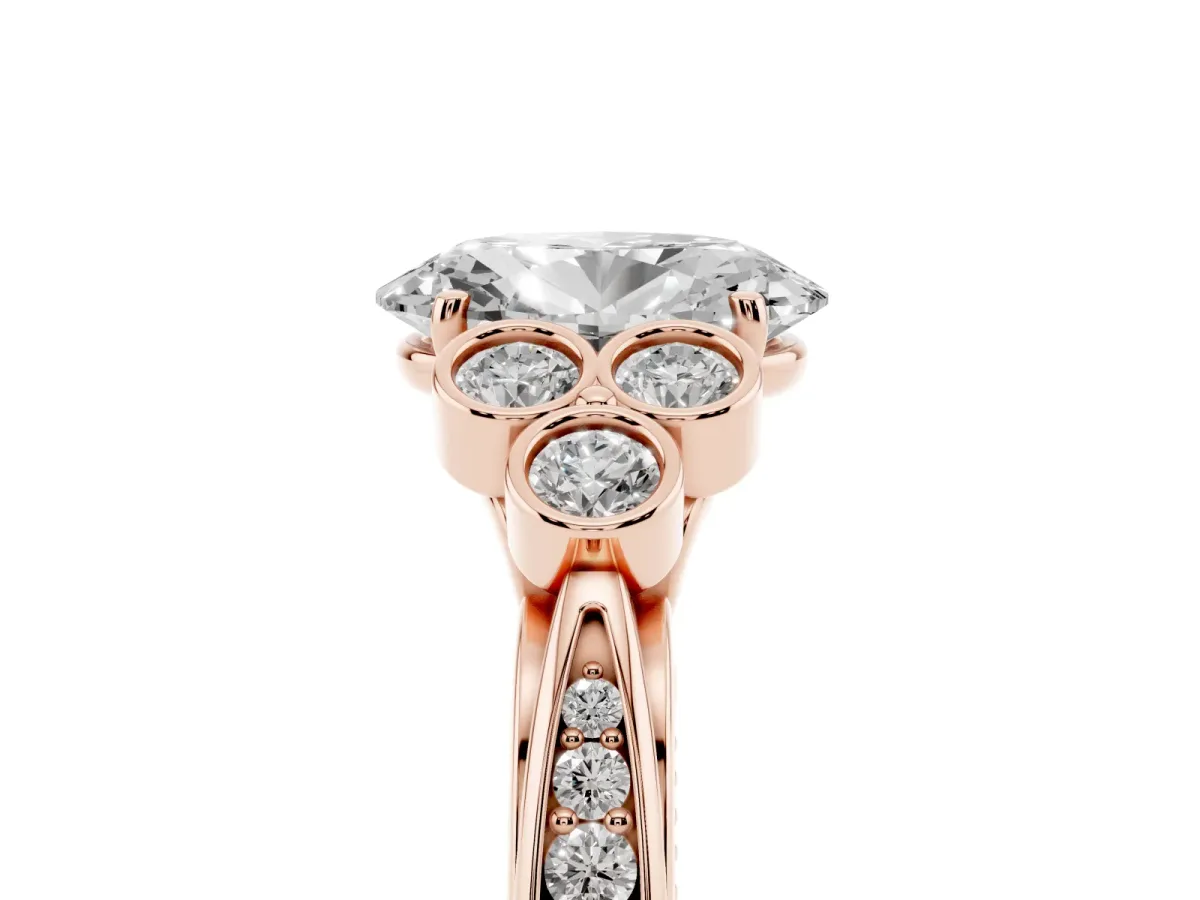 Oval Cut Cut Diamond Engagement Ring with Bezel Set Round Side Stones and Prong Setting Rose gold