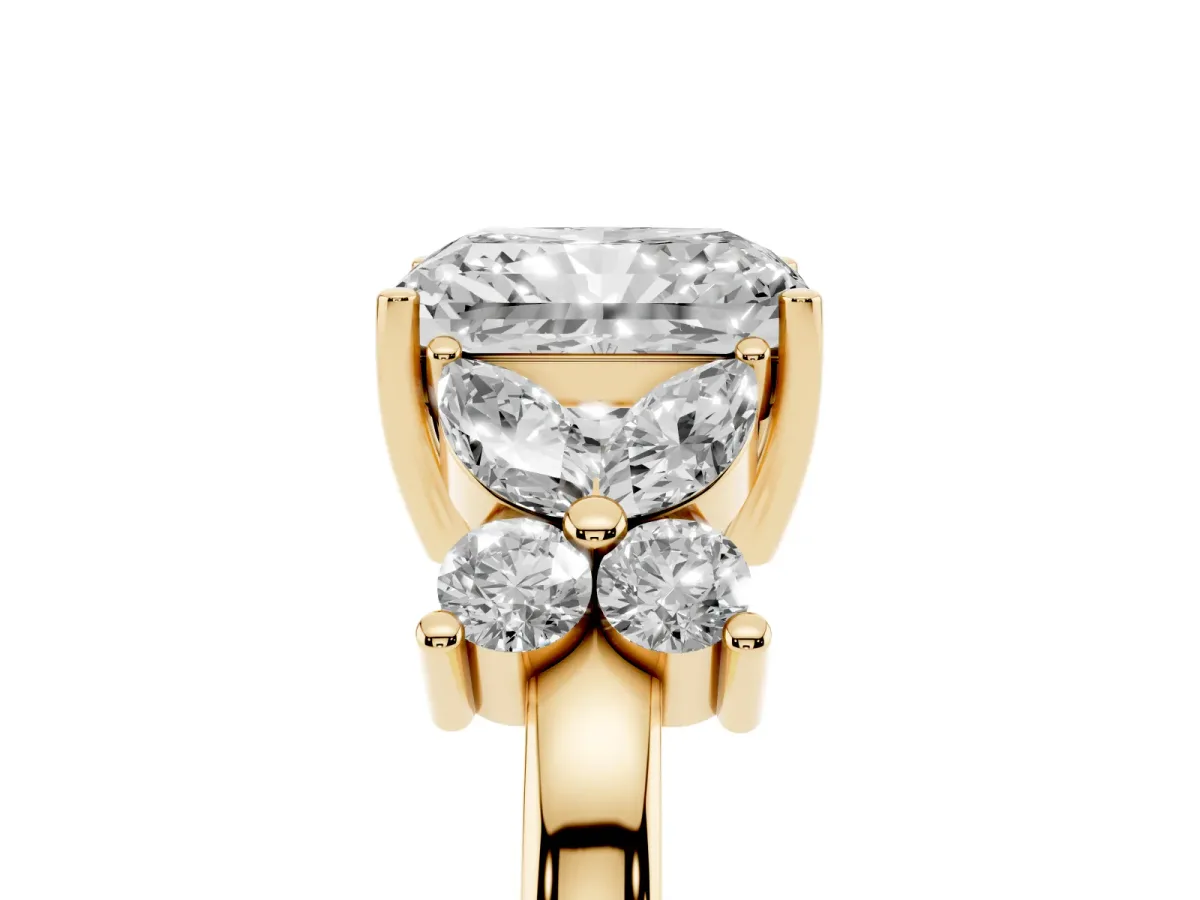 Radiant Cut Diamond Floral Cluster Ring with Solitaire Band and Prong Setting Yellow gold