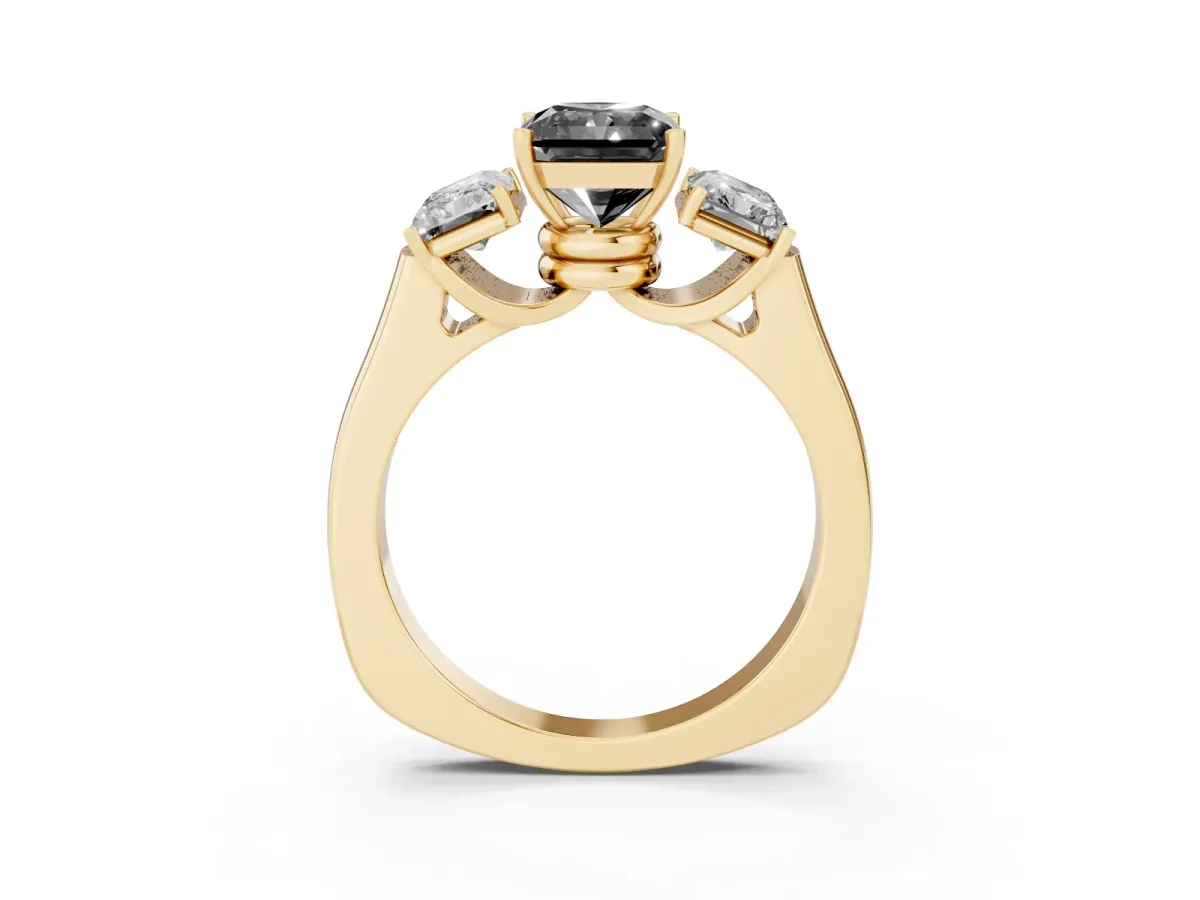 Fancy Black Three-Stone Radiant Cut Brilliant Diamond Trellis Ring with Comfort Fit Band Yellow gold