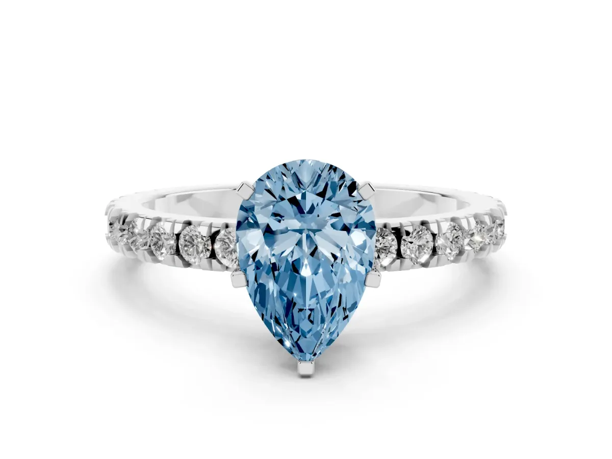 Fancy Blue Pear Cut Diamond Pavé Band Solitaire with Four-Prong Setting Silver