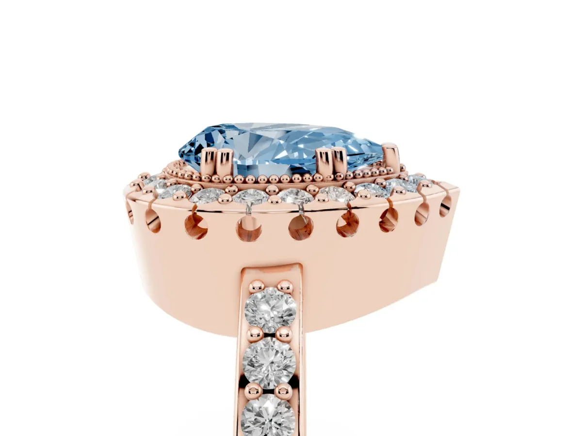 Fancy Blue Pear Cut Diamond Halo Ring with Pavé Band and Prong Setting Rose gold