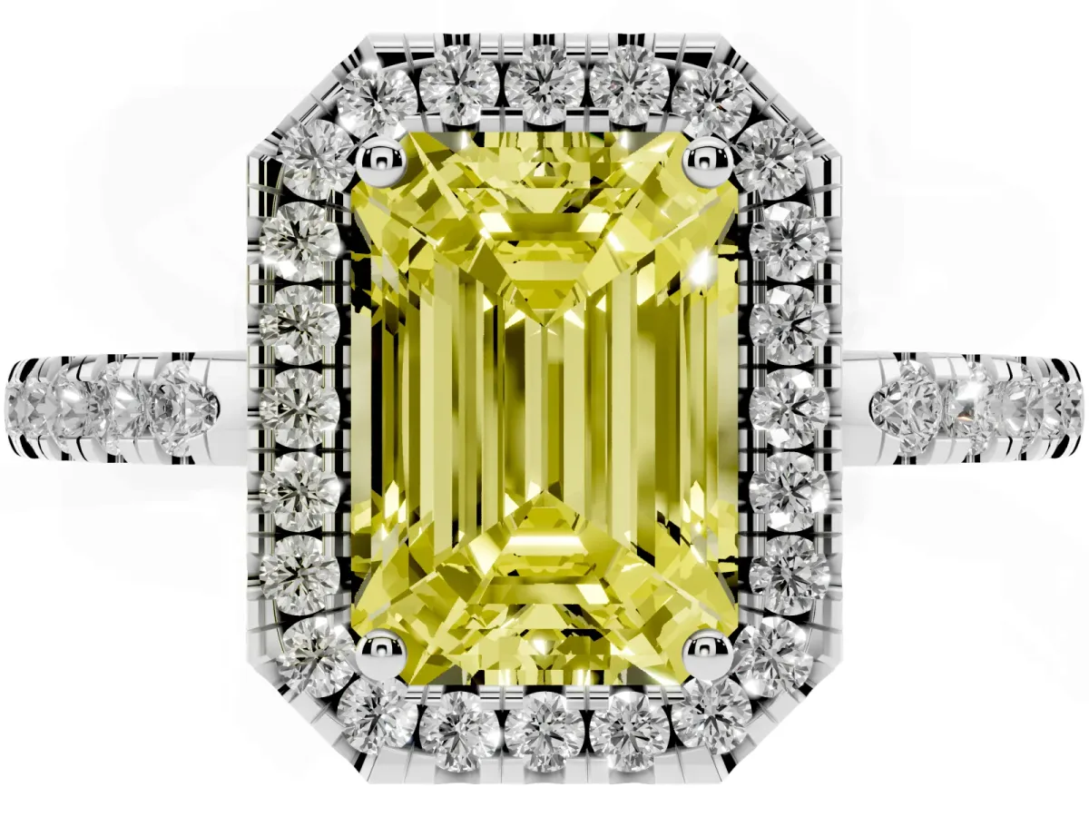Fancy Yellow Emerald Cut Halo Diamond Engagement Ring with Pavé Band and Four-Prong Setting Silver