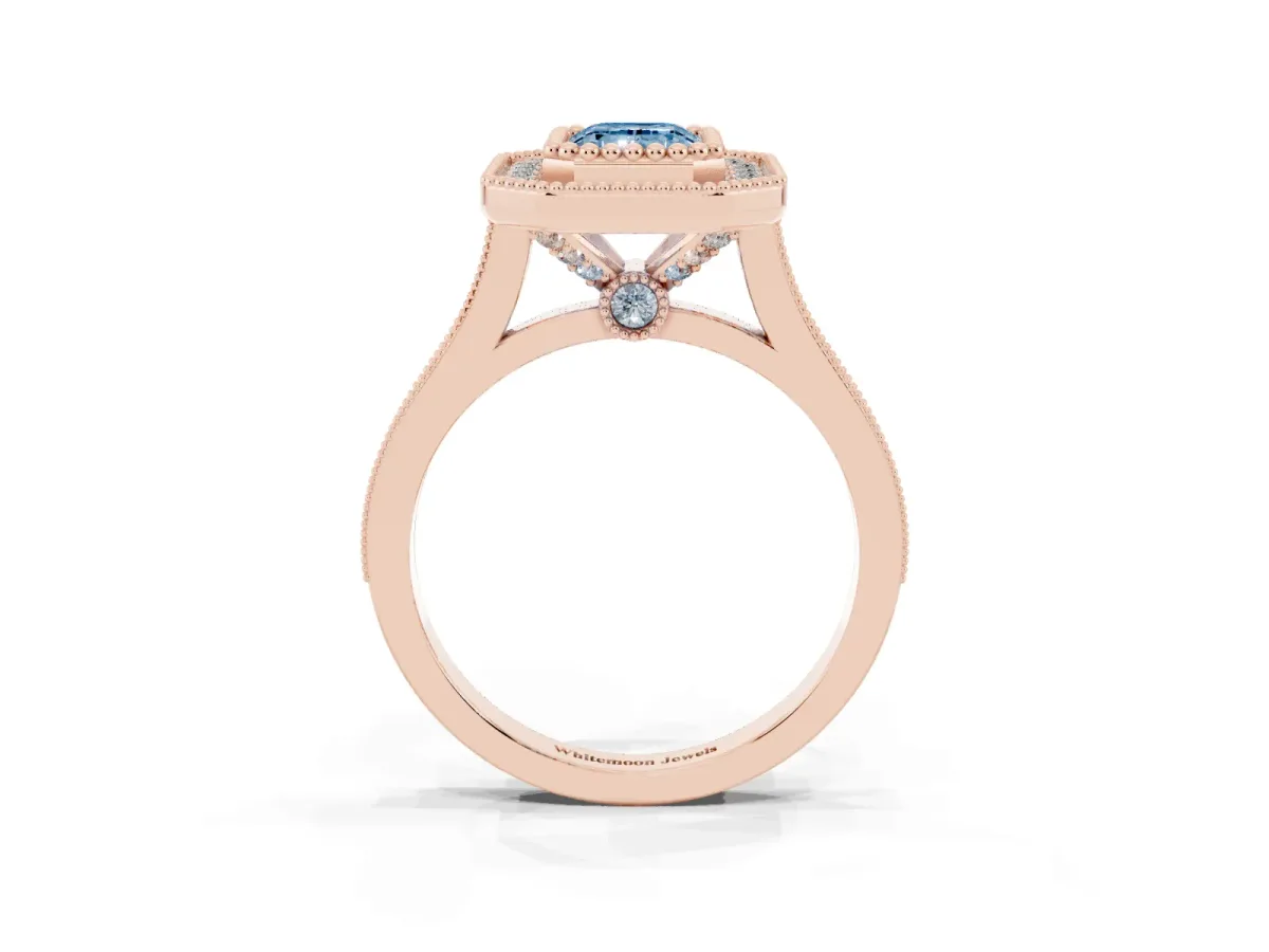 Fancy Blue Emerald Cut Diamond Halo Ring with Milgrain Frame and Pavé Band Rose gold