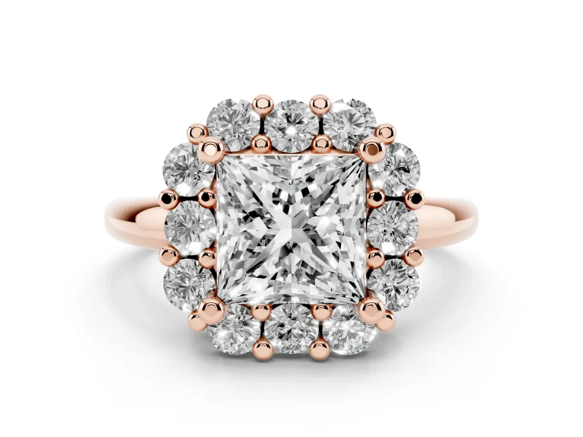 Princess Cut Halo Cluster Diamond Engagement Ring with Prong Setting and Polished Band Rose gold
