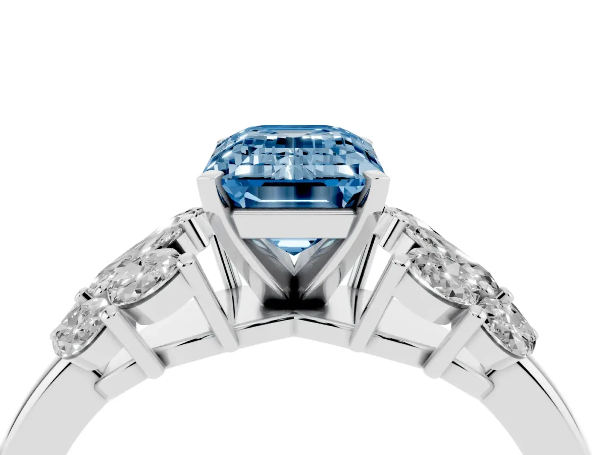 Fancy Blue Emerald Cut Diamond Cluster Leaf Design Ring with Prong Setting White gold