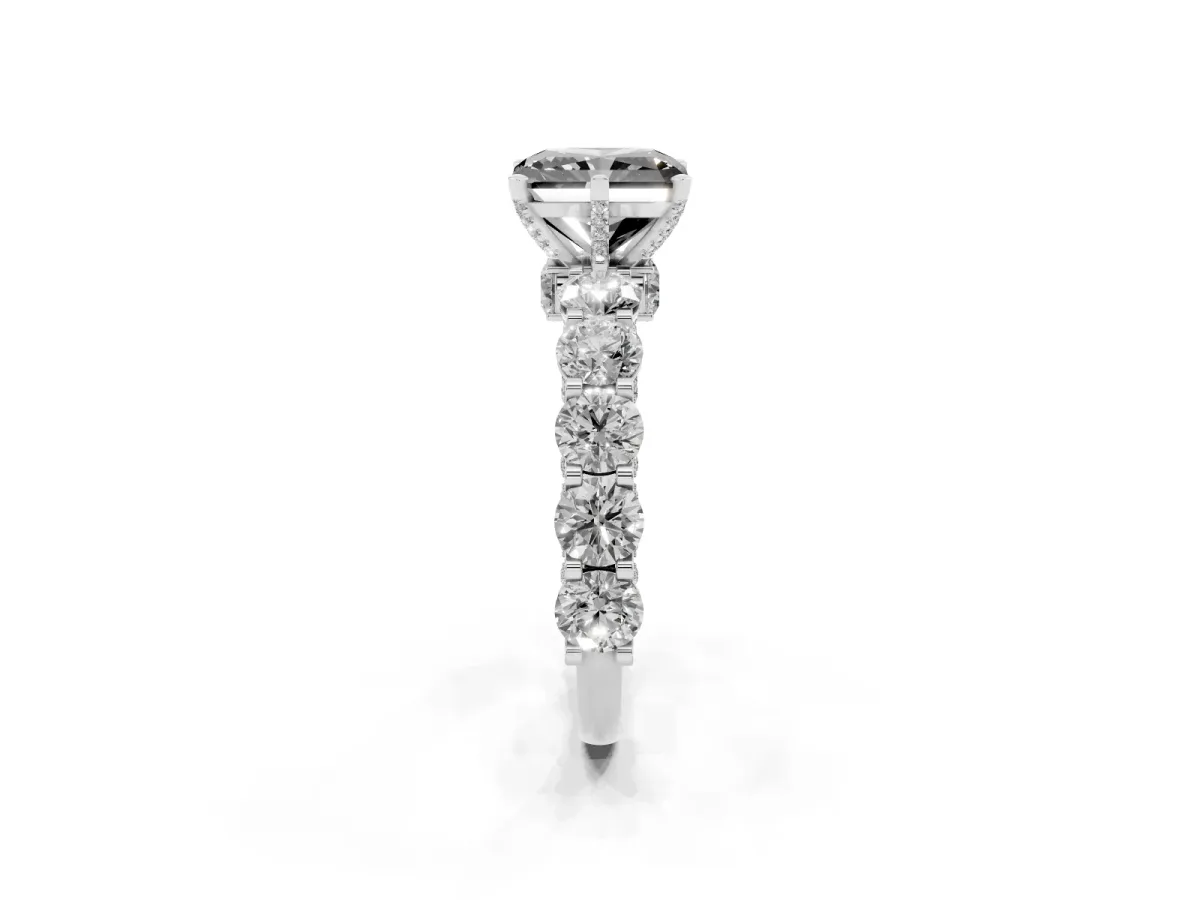Fancy Black Radiant Cut Diamond Side Stone Engagement Ring with Four-Prong Setting Silver
