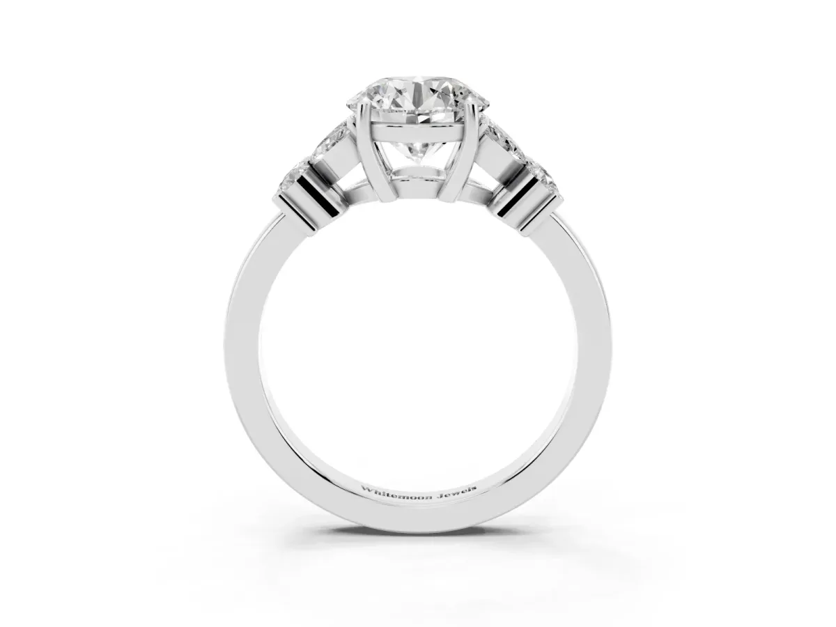 Round Cut Diamond Floral Cluster Ring with Solitaire Band and Prong Setting Silver