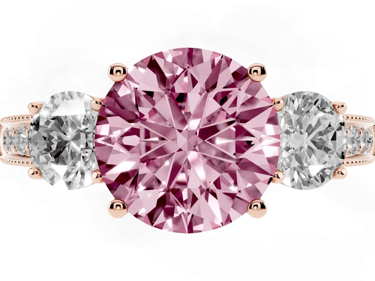 Fancy Pink Round Cut Three-Stone Diamond Ring with Pavé Band and Four-Prong Setting Rose gold