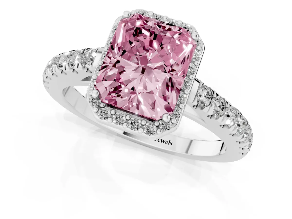 Fancy Pink Radiant Cut Cut Halo Diamond Engagement Ring with Pave Band and Four-Prong Setting Platinum