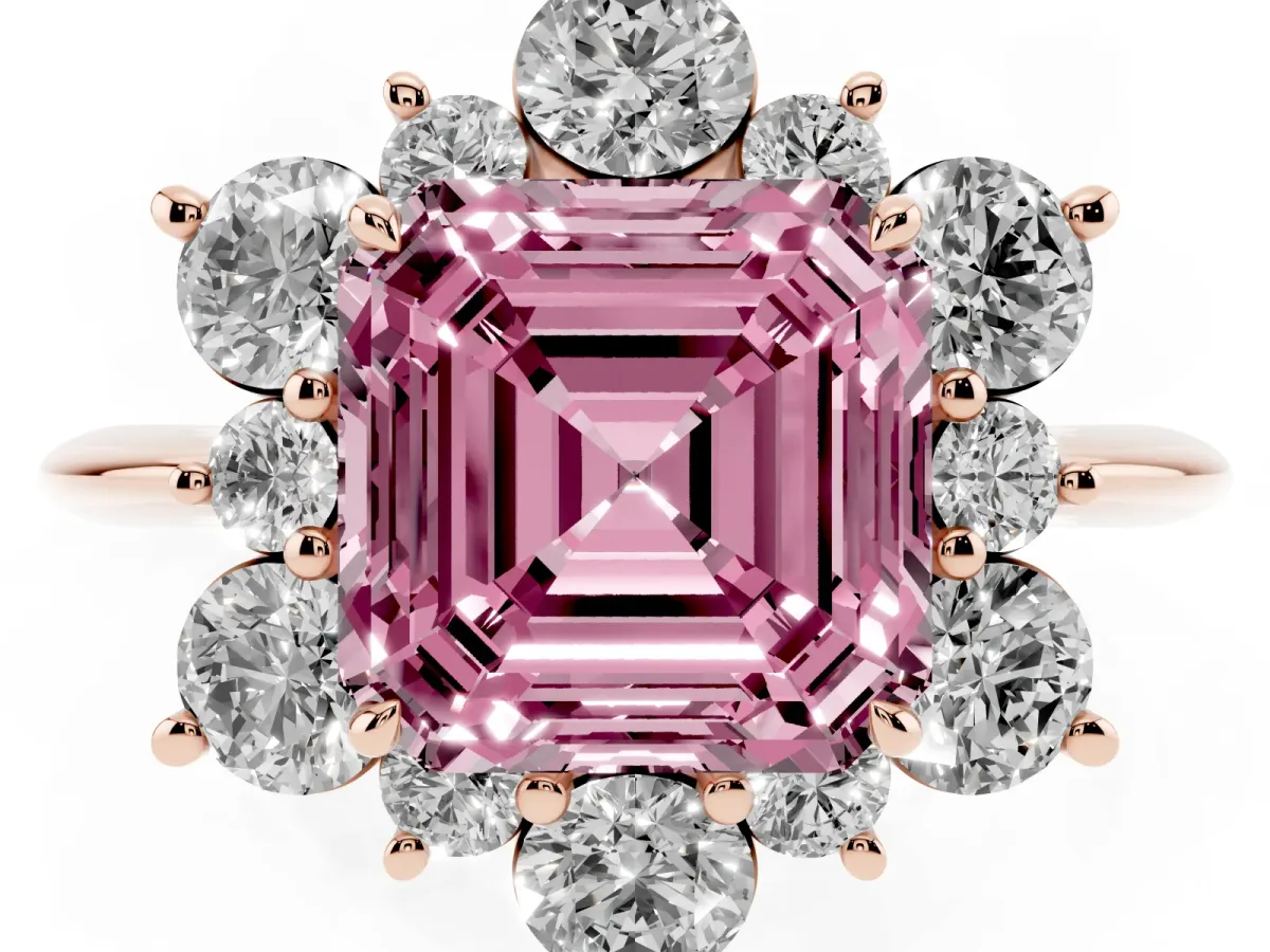 Fancy Pink Asscher Cut Diamond Cluster Halo Ring with Solitaire Band and Four-Prong Setting Rose gold