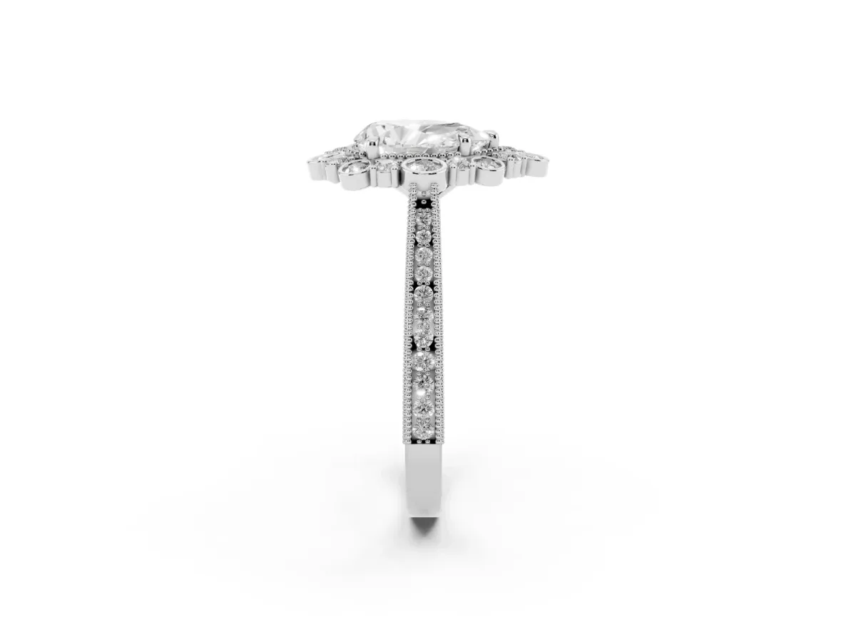 Pear Cut Halo Milgrain Pave Diamond Ring with Four-Prong Setting Silver