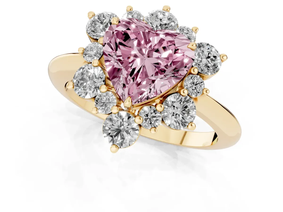 Fancy Pink Heart Cut Diamond Cluster Halo Ring with Solitaire Band and Four-Prong Setting Yellow gold