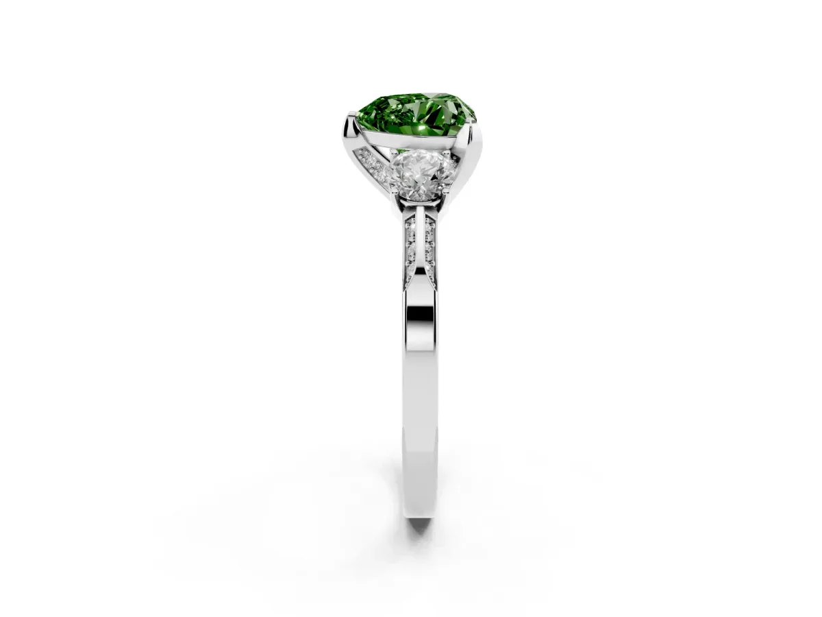 Fancy Green Heart Cut Brilliant Three-Stone Diamond Ring with Pavé Band and Four-Prong Setting Platinum