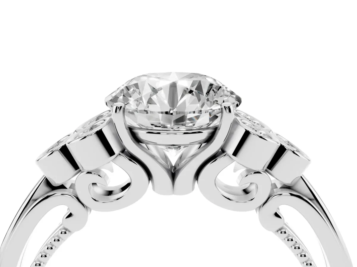 Round Cut Cut Diamond Engagement Ring with Bezel Set Round Side Stones and Prong Setting White gold