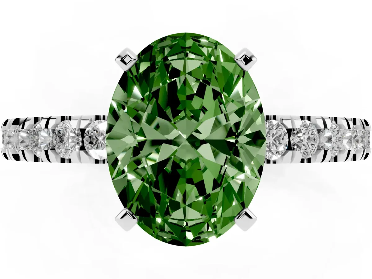 Fancy Green Oval Cut Solitaire Diamond with Pavé Band and Four-Prong Setting Silver