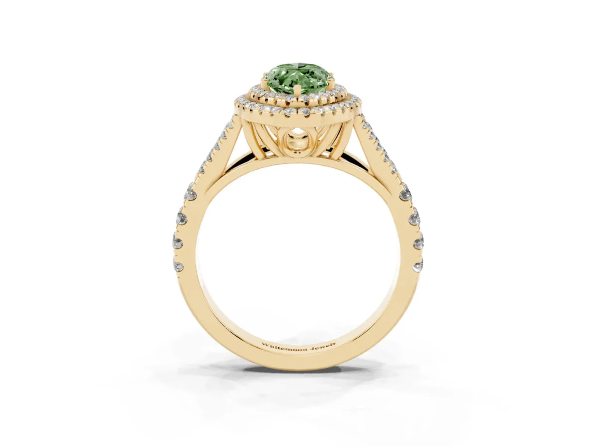 Fancy Green Double Halo Marquise Cut Diamond Split Shank Engagement Ring with Four-Prong Setting Yellow gold