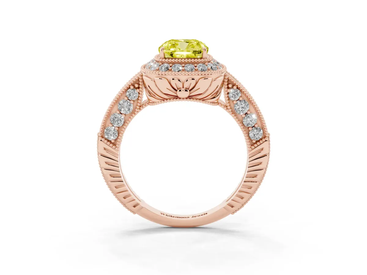 Fancy Yellow Cushion Cut Halo Diamond Split Shank Ring with Milgrain Detail Rose gold
