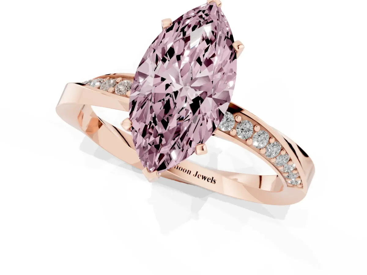 Fancy Pink Marquise Cut Diamond Engagement Ring with Side Stone Accents and Four-Prong Setting Rose gold