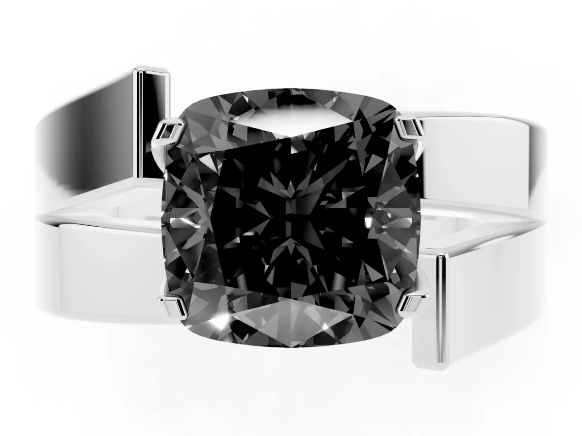 Fancy Black Modern Tension Set Cushion Cut Diamond Solitaire Wide Band Ring Silver