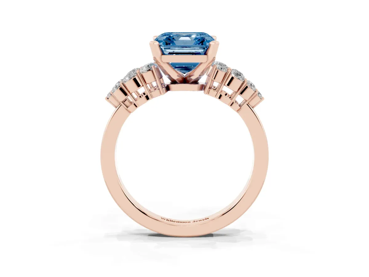 Fancy Blue Asscher Cut Cluster Diamond Engagement Ring with Pavé Band and Four-Prong Setting Rose gold