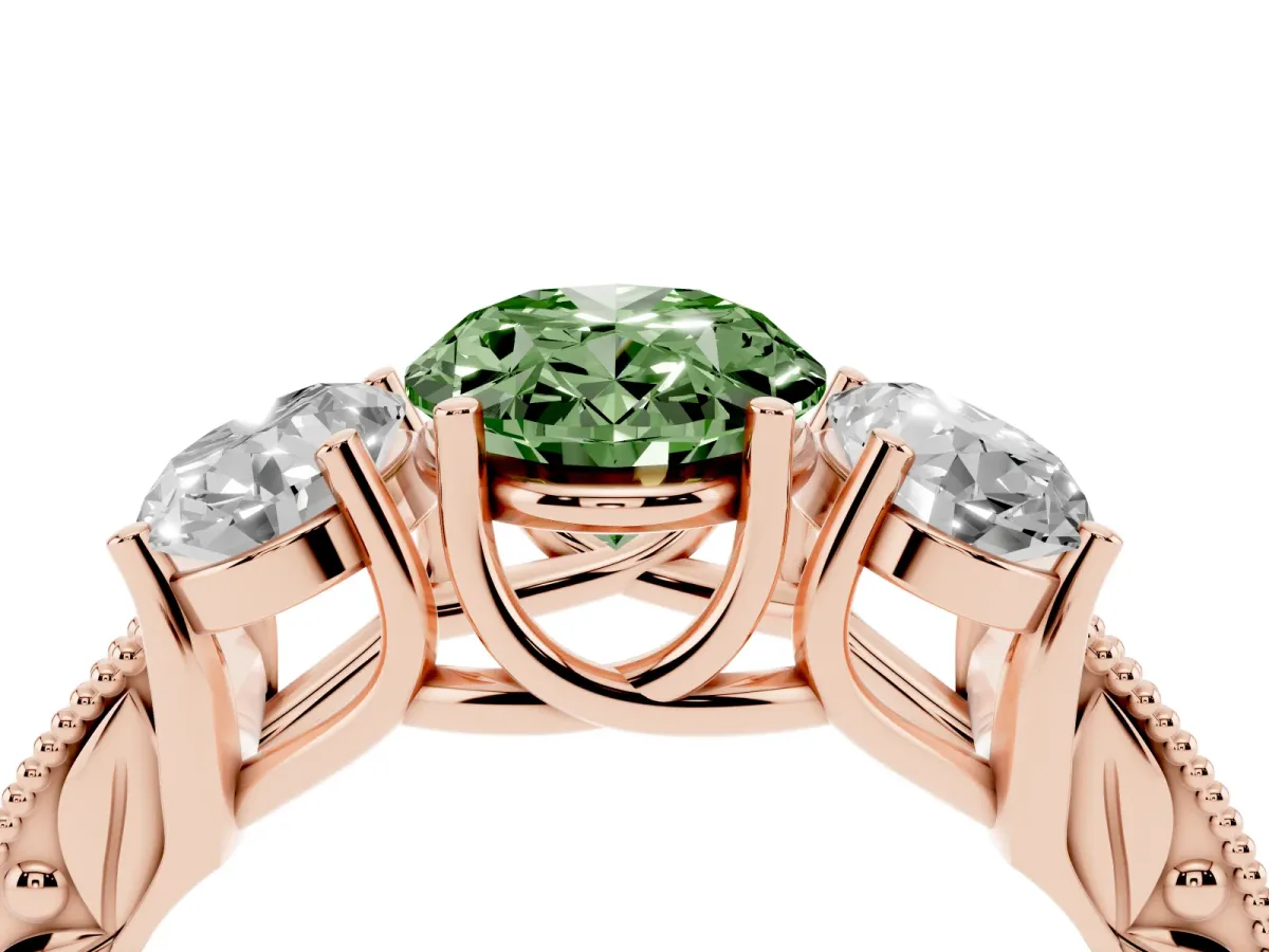Fancy Green Three-Stone Oval Cut Cut Milgrain Pavé Engagement Ring Rose gold