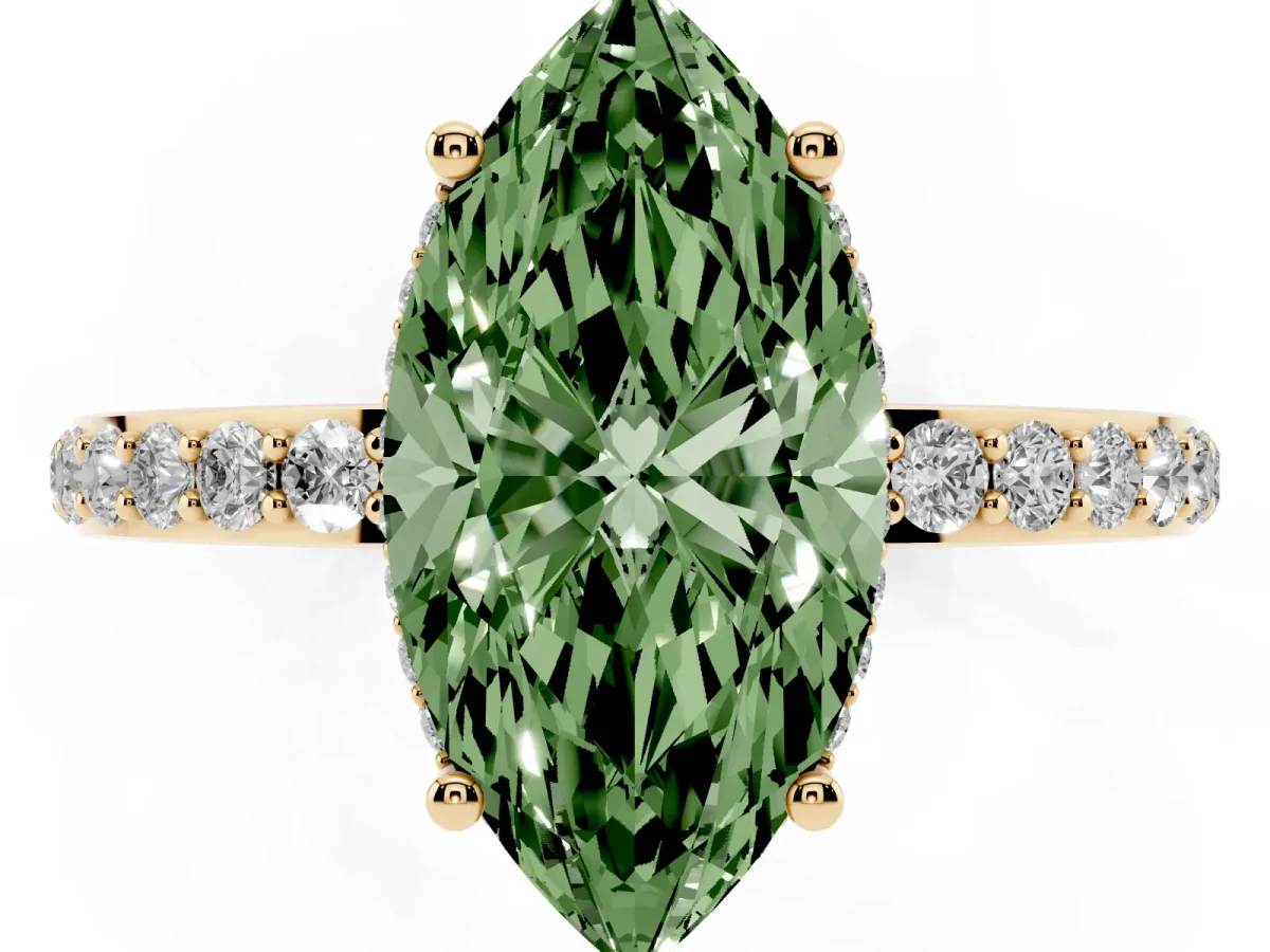 Fancy Green Marquise Cut Diamond Solitaire Ring with Pavé Band and Hidden Halo Yellow gold
