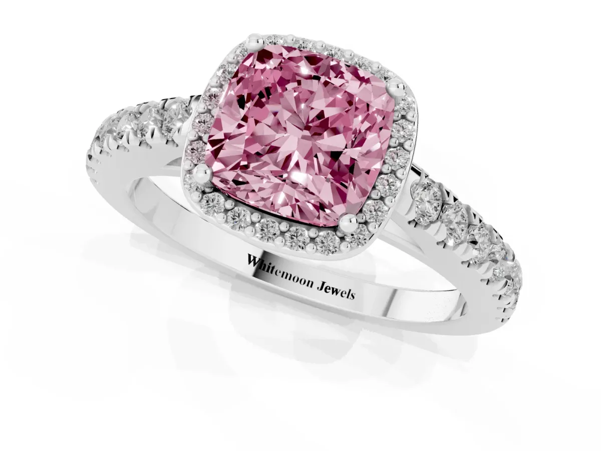 Fancy Pink Cushion Cut Cut Halo Diamond Engagement Ring with Pave Band and Four-Prong Setting Silver