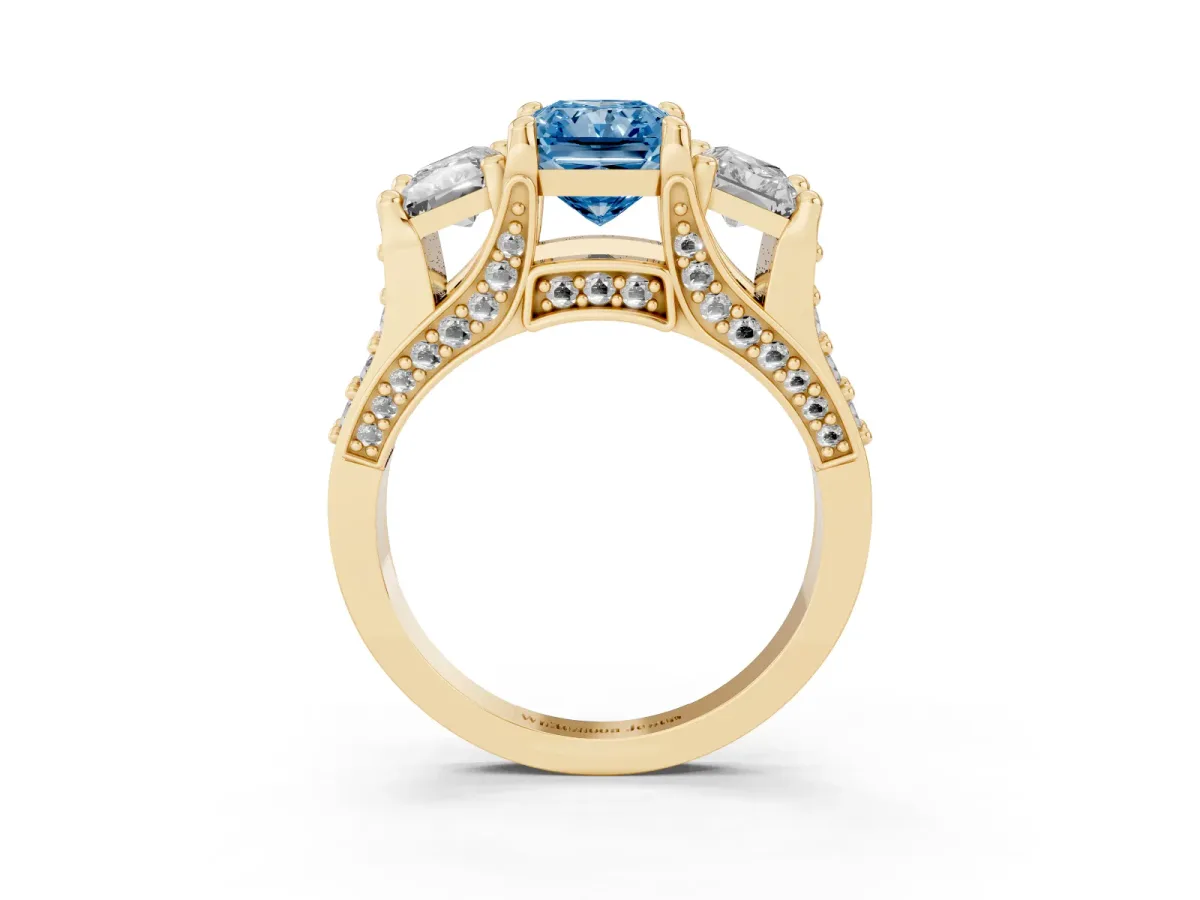 Fancy Blue Radiant Cut Diamond Three-Stone Ring with Channel Set Band and Four-Prong Setting Yellow gold