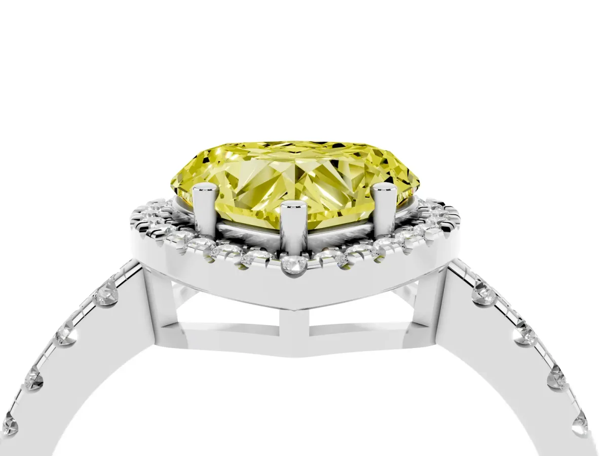 Fancy Yellow Heart Cut Diamond Halo Ring with Pavé Band and Four-Prong Setting White gold