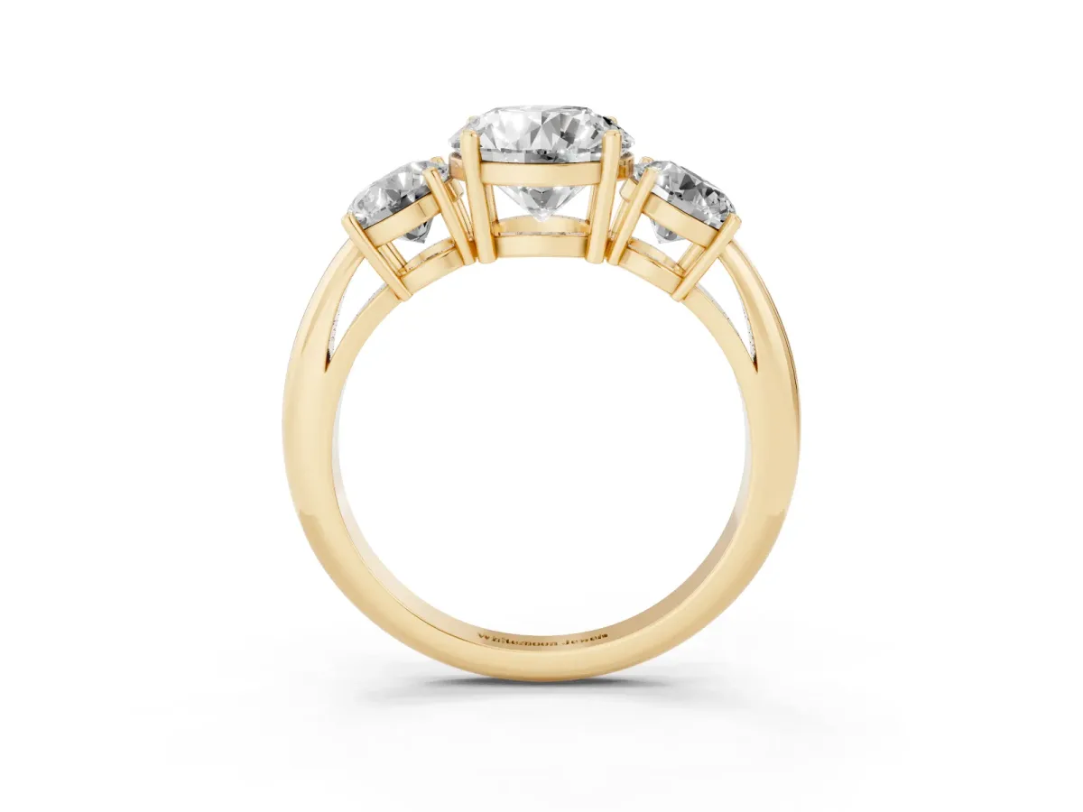 Three-Stone Round Cut Cut Diamond Engagement Ring with Prong Setting on a White Gold Band Yellow gold