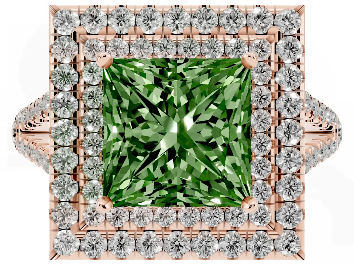 Fancy Green Princess Cut Diamond Double Halo Ring with Pavé Band and Prong Setting Rose gold