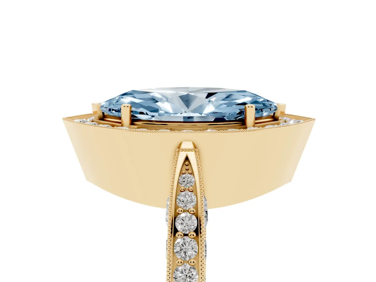 Fancy Blue Marquise Cut Halo Diamond Engagement Ring with Split Shank Band and Four-Prong Setting Yellow gold