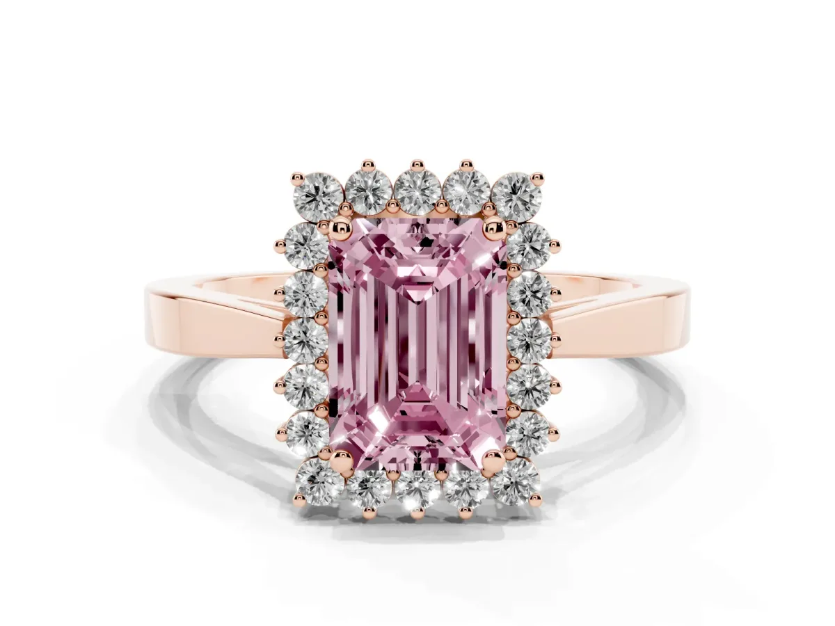 Fancy Pink Emerald Cut Cut Diamond Halo Ring with Round Brilliant Halo and Solitaire Band Rose gold