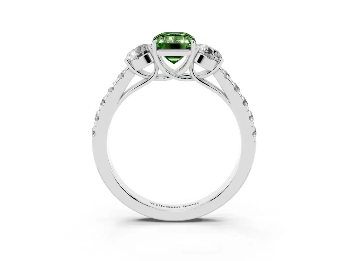 Fancy Green Emerald Cut Cut Diamond Three-Stone Ring with Round Side Stones and Pavé Band Silver