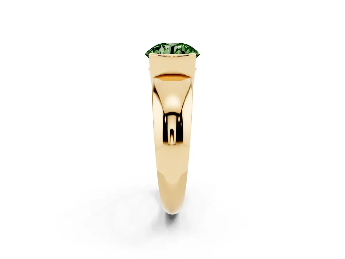 Fancy Green Round Cut Solitaire Tension Set Diamond Ring with Wide Band Yellow gold