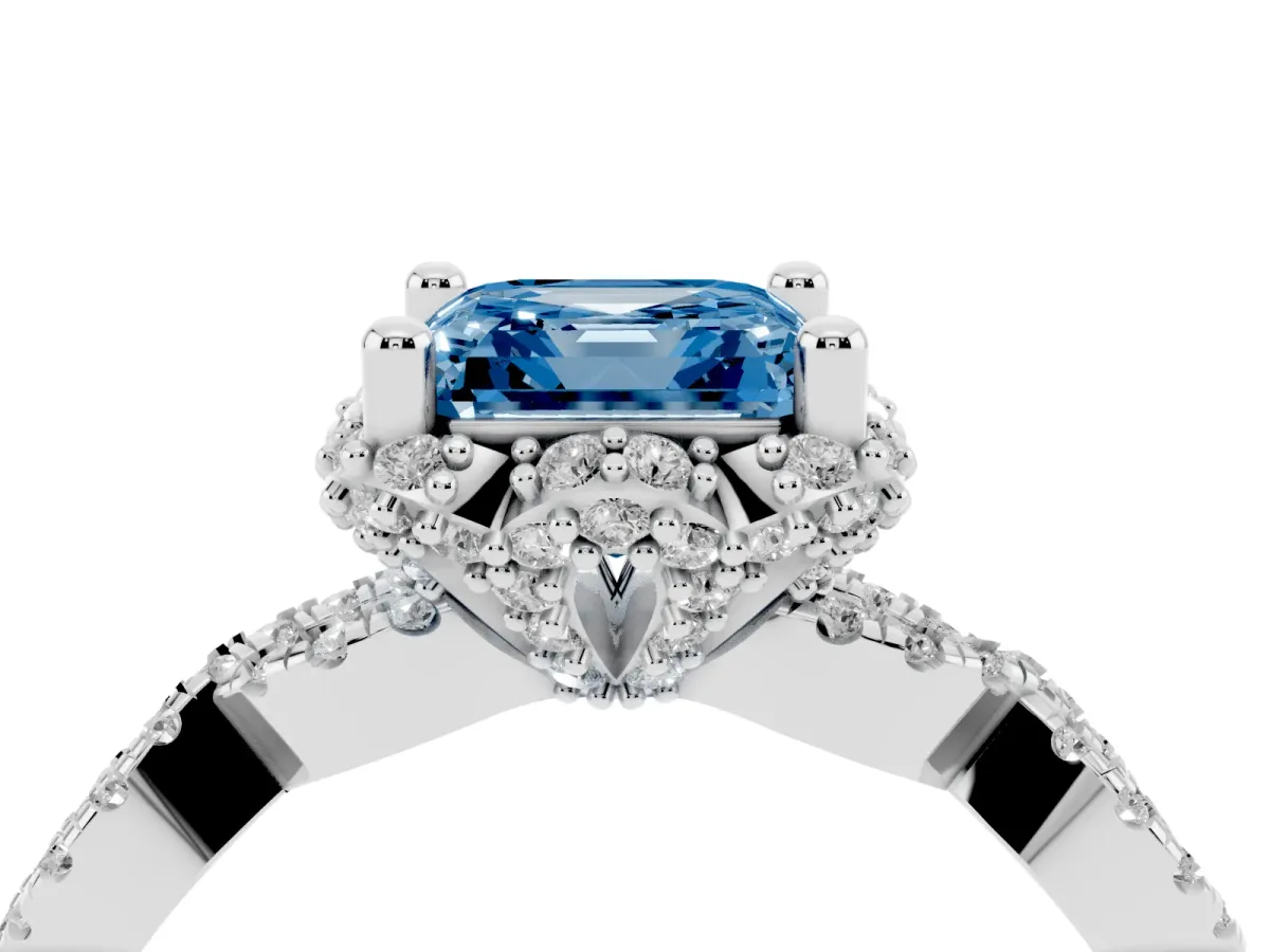 Fancy Blue Asscher Cut Halo Twist Band Solitaire Ring with Six-Prong Setting Silver