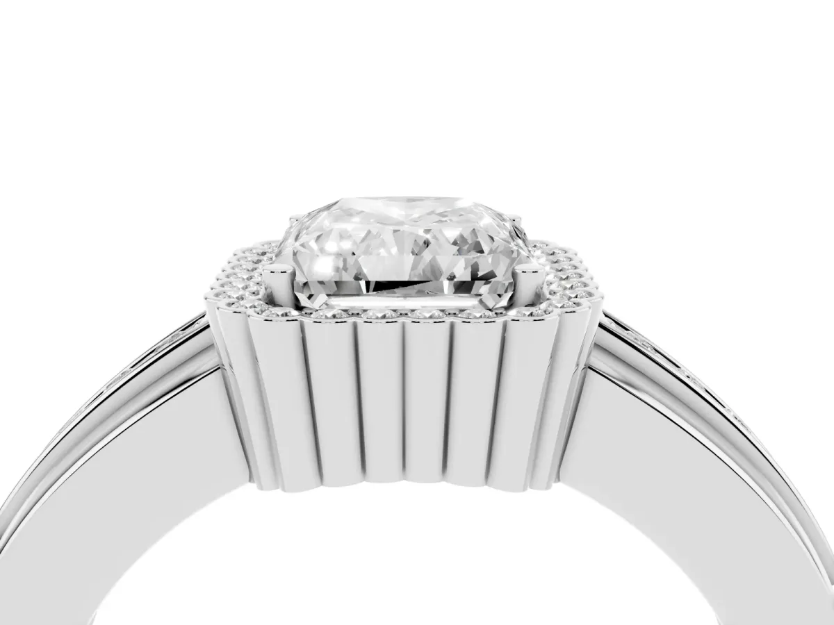 Radiant Cut Cut Halo Pave Band Four-Prong Ring Silver