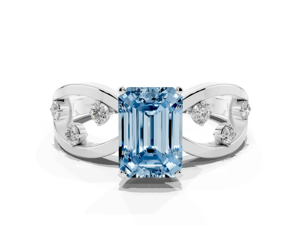 Fancy Blue Emerald Cut Cut Solitaire Diamond with Side Stones on Criss-Cross Band and Four-Prong Setting Platinum