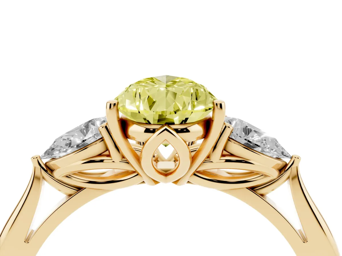 Fancy Yellow Pear Cut Diamond Three-Stone Ring with Pear Side Stones and Prong Setting Yellow gold